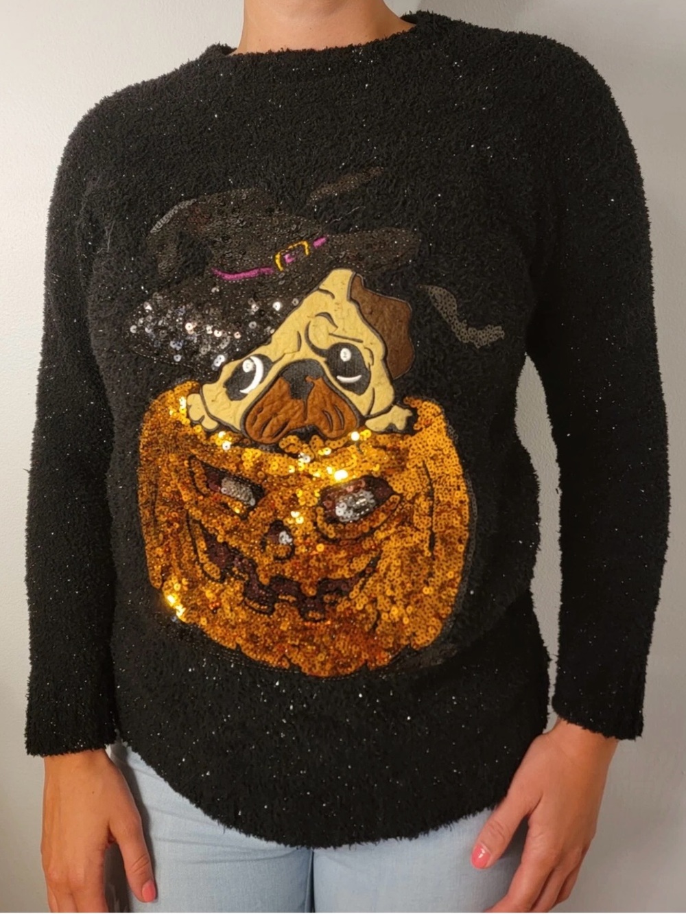 Happy Halloween Poof Black Sequin Pug in Gold Jack-O'-Lantern Sweater Size S